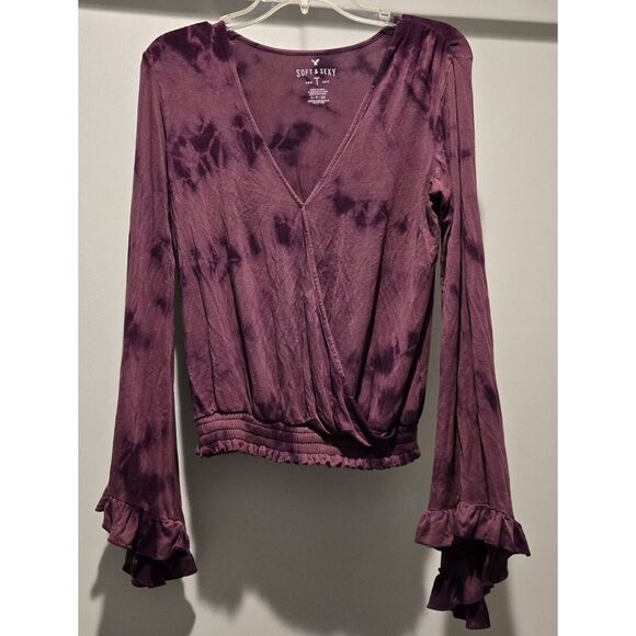 American Eagle Outfitters Tops - American Eagle Tie-Dye Wrap Top with Bell Sleeves‎ Boho Romantic Cropped Blouse